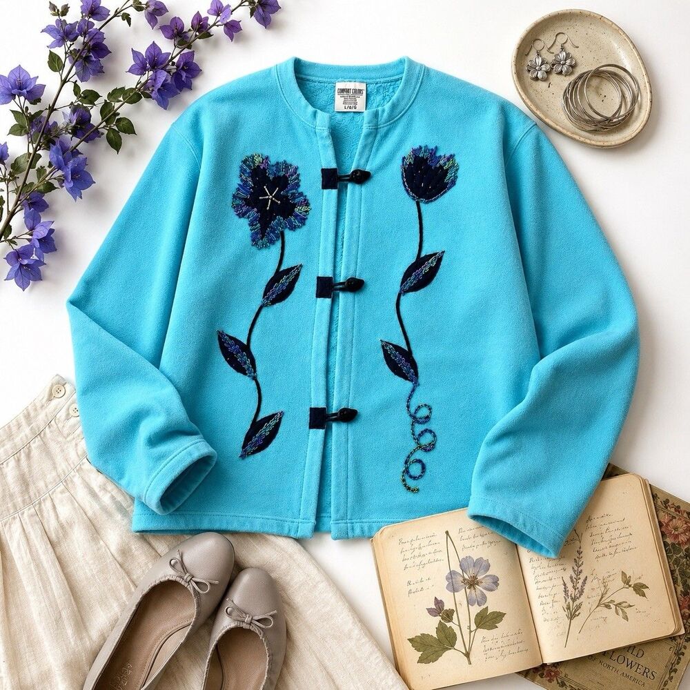 Vintage Comfort Colors USA Embroidered Floral Toggle Fleece Jacket Small